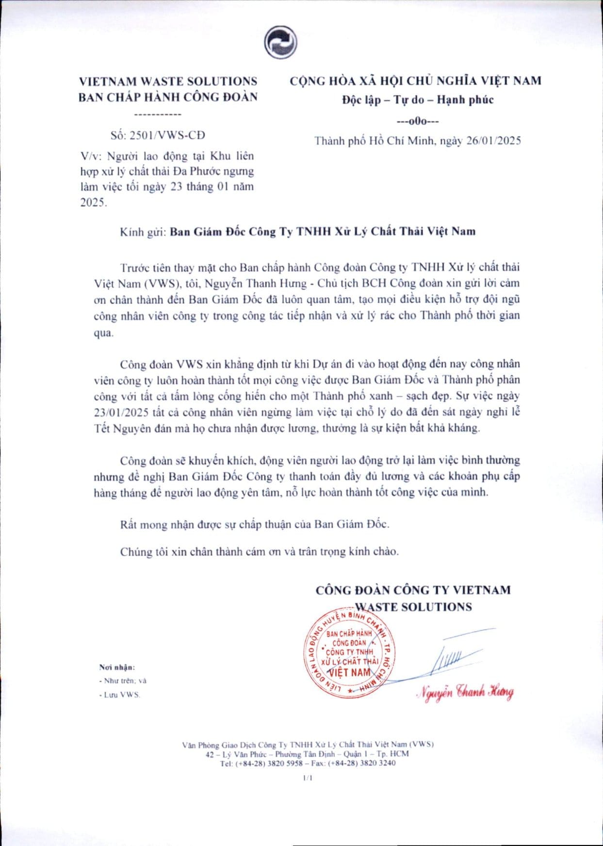 2501 VWS CD NGAY 26.01.2025 VV NGUOI LAO DONG TAI KLHXLCTR DA PHUOC NGUNG LAM VIEC TOI NGAY 23.01.2025 1