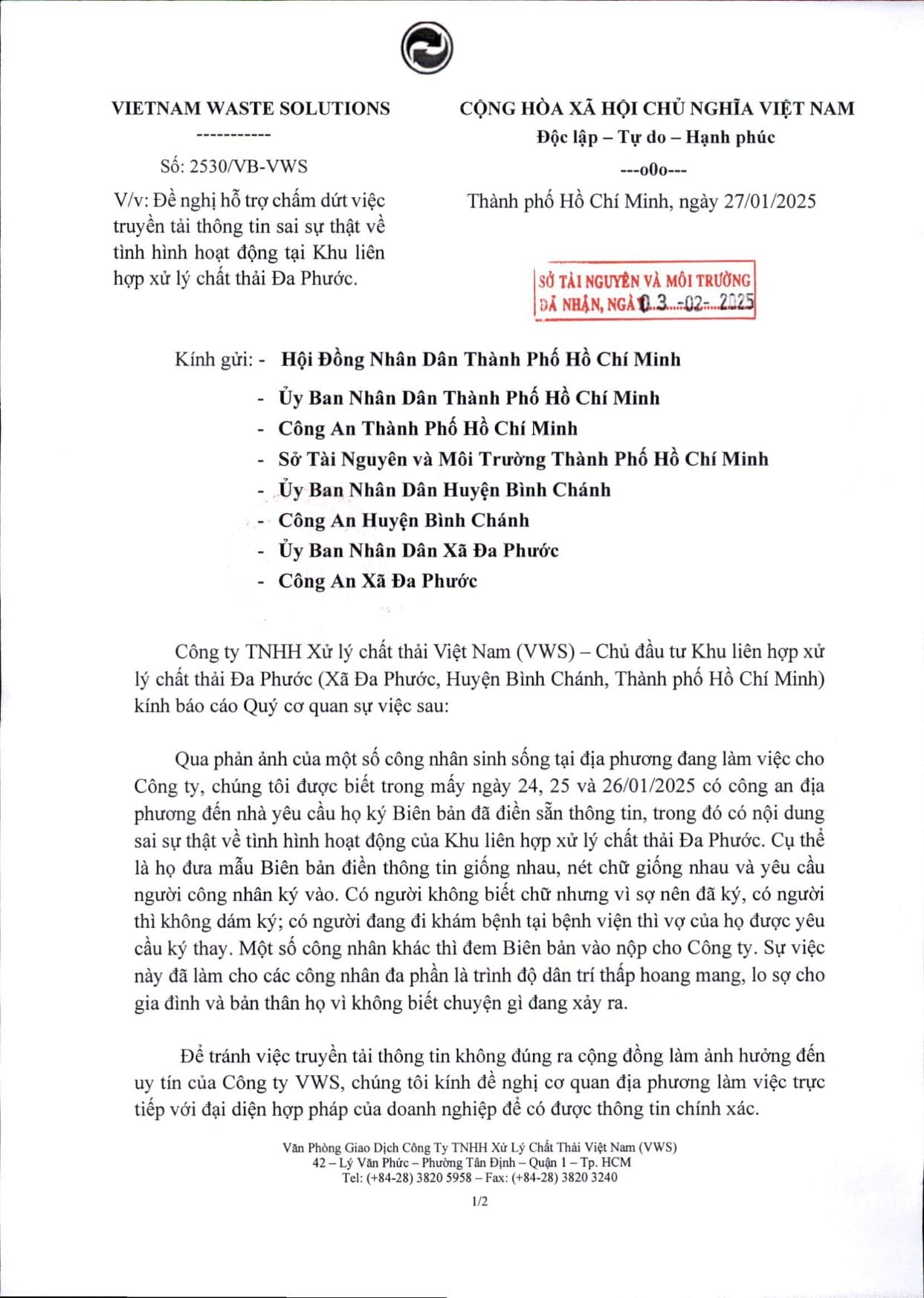 CV-VWS 2530 V/v Đề nghị hỗ trợ chấm dứt việc truyền tải thông tin sai sự thật tình hình hoạt động tại KLHXLCTR Đa Phước 6 2530 VB VWS NGAY 27.01.2025 VV DE NGHI HO TRO CHAM DUT VIEC TRUYEN TAI THONG TIN SAI SU THAT VE TINH HINH HOAT DONG TAI KLHXLCT DA PHUOC 1