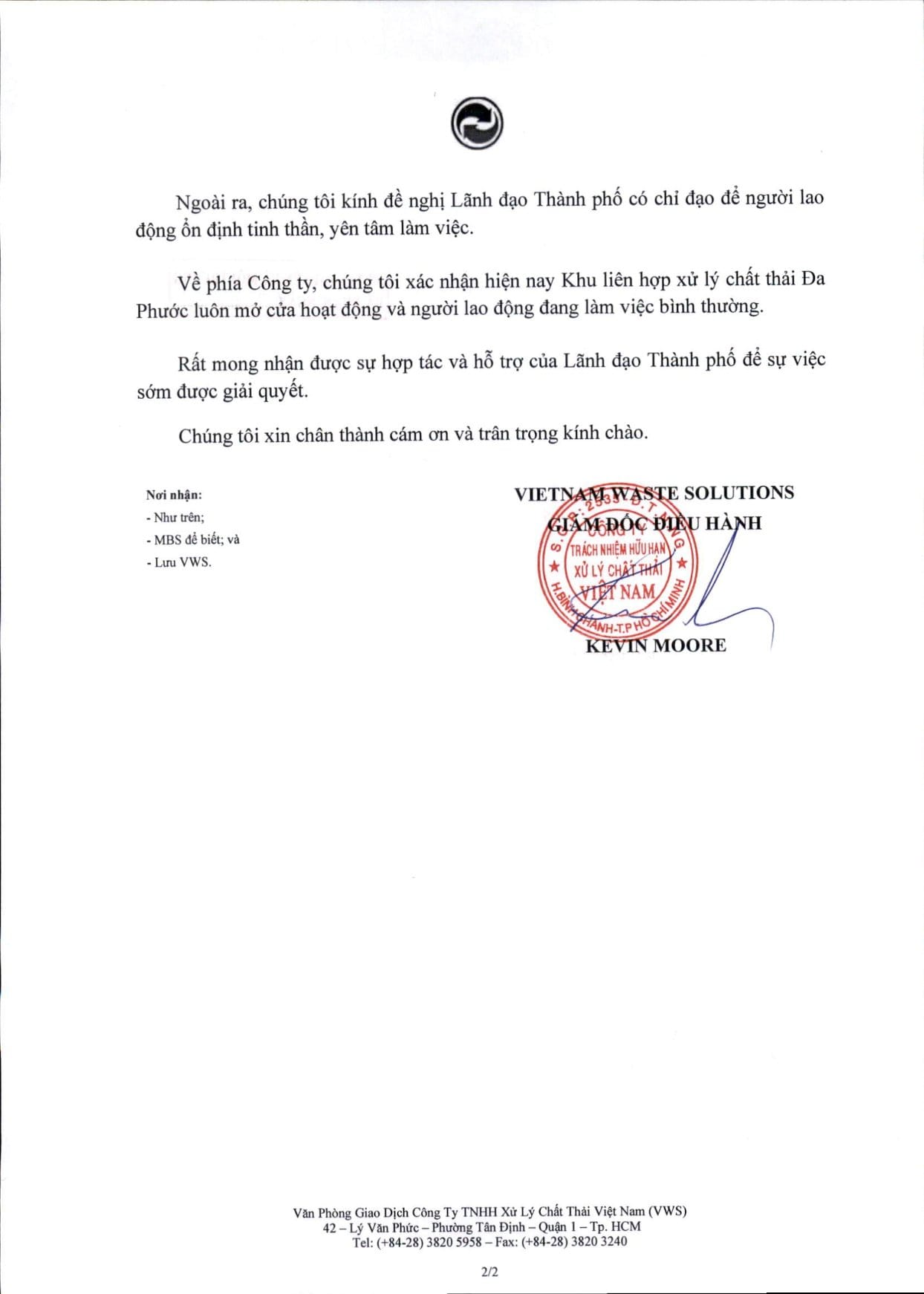 CV-VWS 2530 V/v Đề nghị hỗ trợ chấm dứt việc truyền tải thông tin sai sự thật tình hình hoạt động tại KLHXLCTR Đa Phước 7 2530 VB VWS NGAY 27.01.2025 VV DE NGHI HO TRO CHAM DUT VIEC TRUYEN TAI THONG TIN SAI SU THAT VE TINH HINH HOAT DONG TAI KLHXLCT DA PHUOC 2